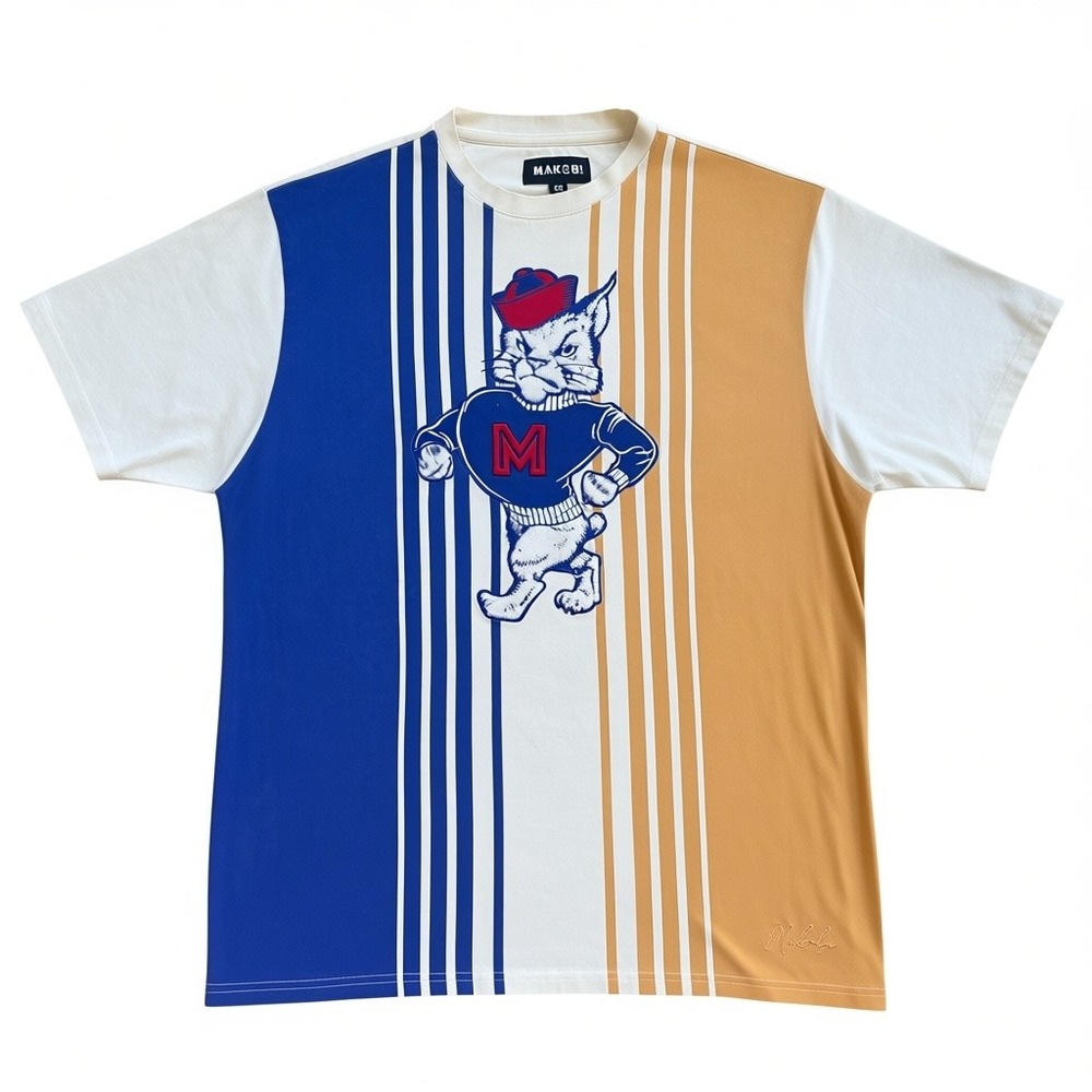 Makobi Mens 2X Graphic T-Shirt Blue Tan Striped Chenille Cat Mascot M283